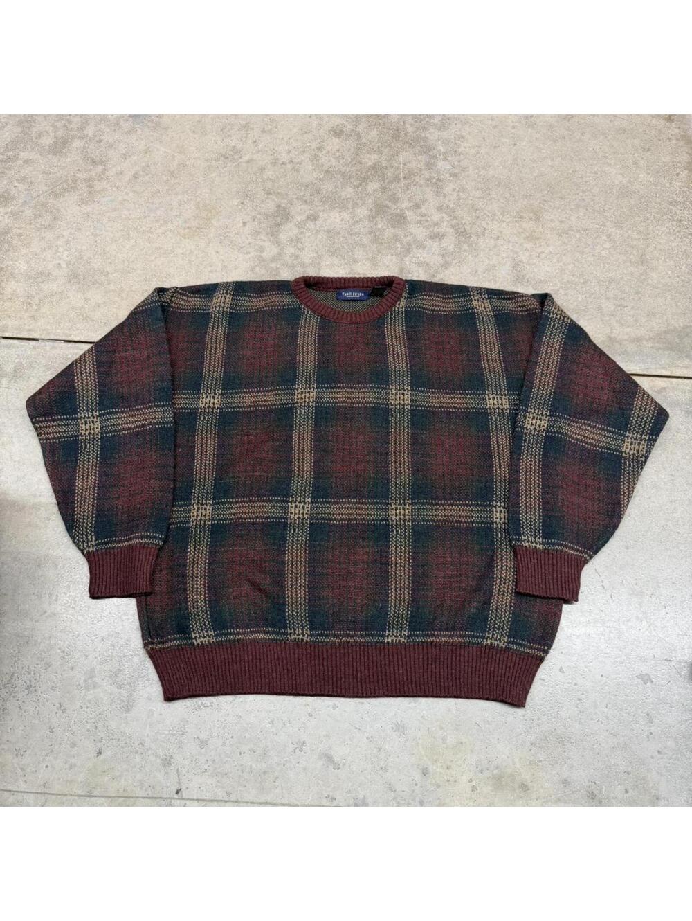 vintage van heusen burgandy navy and beige knit plaid sweater size large